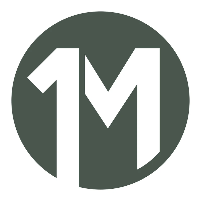 A modern logo featuring a stylized white letter 'M', which also incorporates the number '1', set against a dark grayish-green circular background.